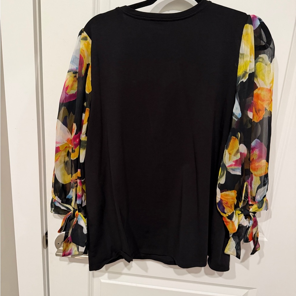 Chico's Black Blouse with Floral Sheer Sleeves - Picture 4 of 5